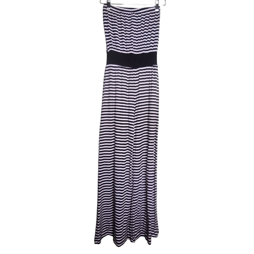 Monteau‎ Strapless Jumpsuit Striped Black White Knit Wide Leg Casual S